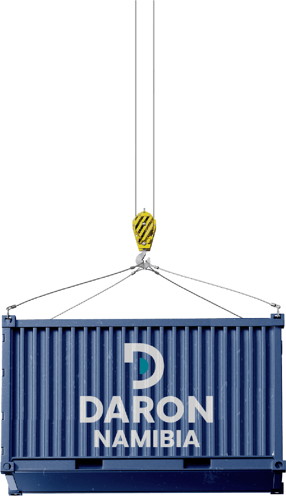 A navy Daron Namibia branded shipping container being lowered by a crane