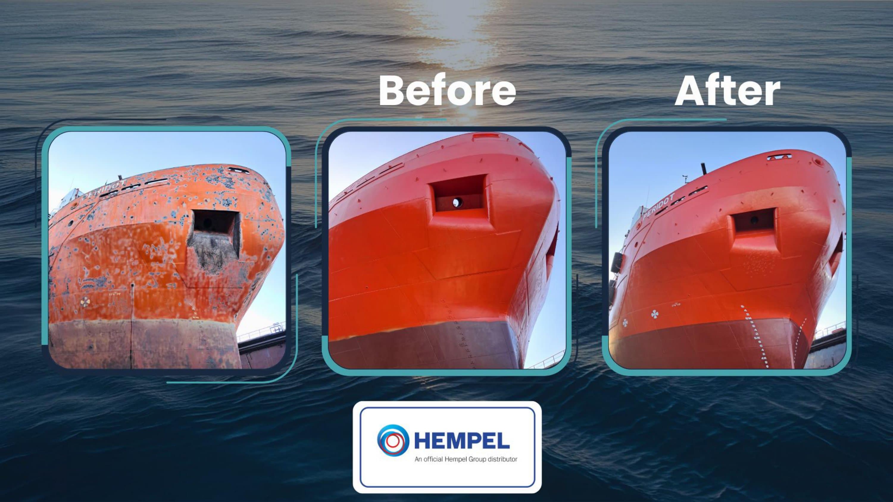 Before and after photos of vessel bow refurbishment using Hempel coatings